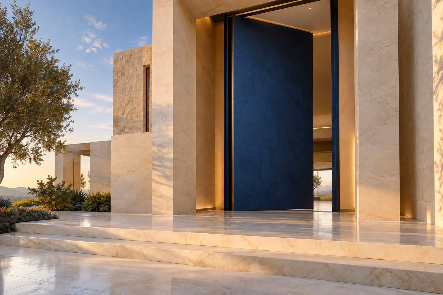 Conceptual architectural entrance with a grand blue door, integrated hardware and large-format natural stone