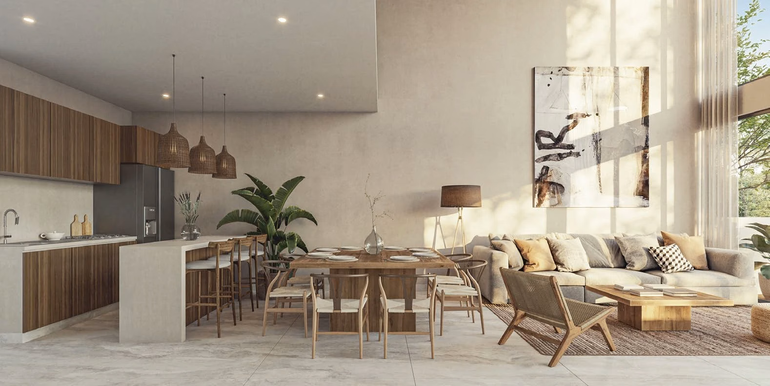Living, dining and kitchen spaces at AWA