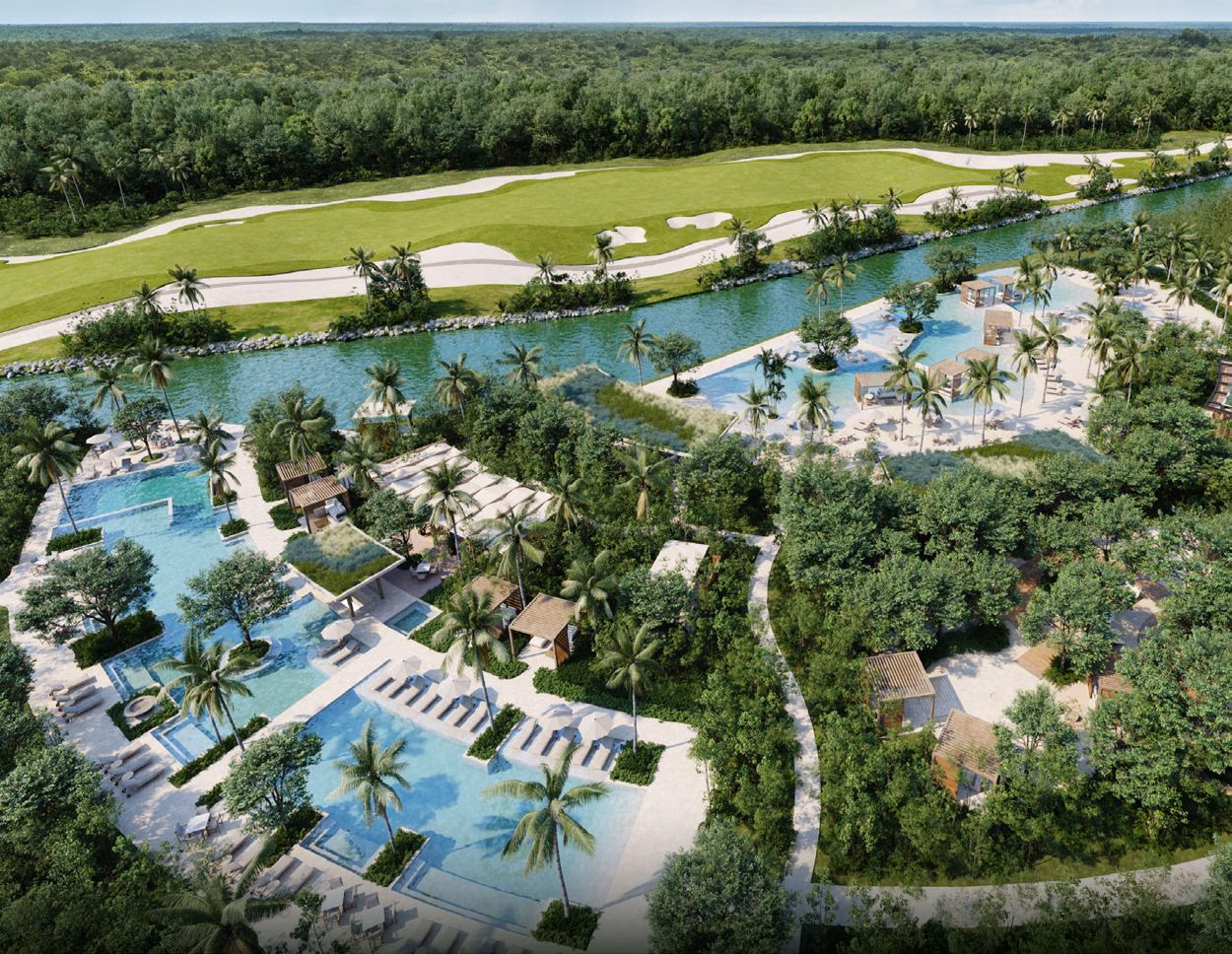 Punta Laguna pools and gardens by the lake
